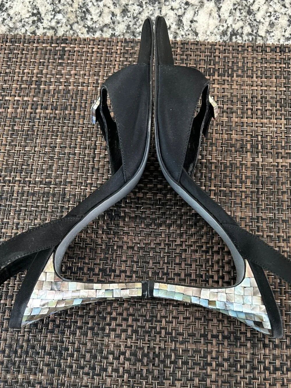 Calvin Klein Black Satin Slingback Sandals with Mosaic Shell Heel - Size 8.5